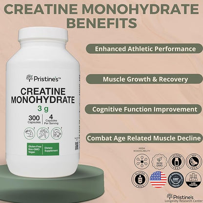 PRISTINE'S Creatine Monohydrate Capsules for Women & Men - No Bloat 75 Day Supply 3G Muscle Growth Support Supplement - Cognitive & Athletic Performance Support - Enhanced Recovery