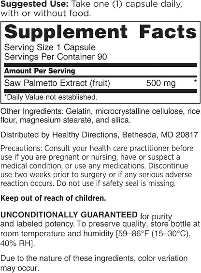 DOCTORS' PREFERRED Saw Palmetto for Men and Women Extract Supplement — 500 mg/Serving | 90 Capsules