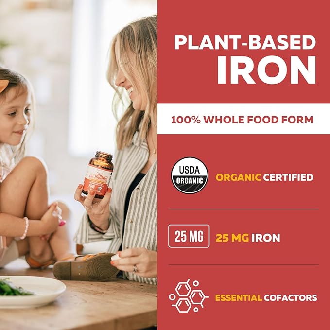 Organic Iron Supplement | Whole Food Iron & Cofactors, 25 mg Elemental Iron | Enhanced Absorption Plus Blood Builder Vitamins - Gentle Form - Support Healthy Iron Level & Blood Health - 90 Capsules