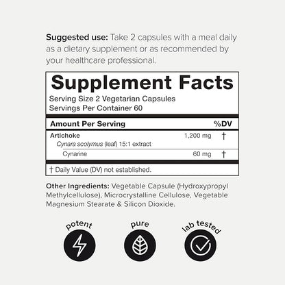 Artichoke Extract Capsules - Ultra High Potency 15:1 Extract with 5% Cynarin - Highly Concentrated - Third-Party Lab Tested - 120 Capsules