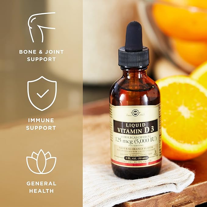 Solgar Liquid Vitamin D3 125 mcg (5,000 IU), 2 fl oz - Delicious, Natural Orange Flavor - Helps Maintain Healthy Bones & Teeth - Immune System Support - Gluten Free, Dairy Free, Kosher - 59 Servings