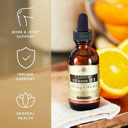 Solgar Liquid Vitamin D3 125 mcg (5,000 IU), 2 fl oz - Delicious, Natural Orange Flavor - Helps Maintain Healthy Bones & Teeth - Immune System Support - Gluten Free, Dairy Free, Kosher - 59 Servings