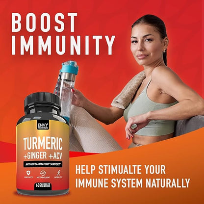 Turmeric & Ginger Supplement Capsules with Apple Cider Vinegar - Enhanced Immunity & Metabolism Support - 95% Curcuminoids, Bioperine (Black Pepper) for Superior Absorption - 60 Caps