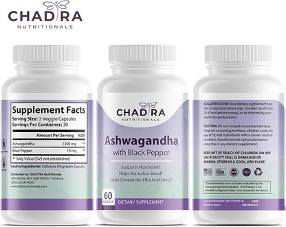 Ashwagandha Supplements - Contains Organic Ashwagandha & Black Pepper for Stress Management, Cognitive Supplement & Mood Support Supplement - Non-GMO, Gluten Free - 60 Capsules