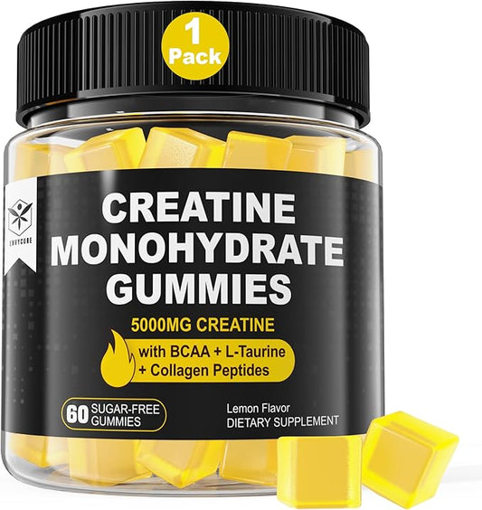 Creatine Monohydrate Gummies for Men & Women - with BCAA, Collagen Peptides, L-Taurine, Vitamin B12, D3, Creatine Monohydrate 5000mg (5g) Per Serving, Lemon Flavor, Sugar Free, 1 Pack