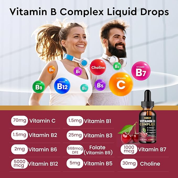 (2 Pack) Vitamin B Complex Liquid Drops, B Vitamins Complex Supplement with B1, B2, B3, B5 B6, B7, B9 & Methyl B12 Drops for Adults & Kids, Vegan, Cherry Flavor