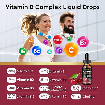 (2 Pack) Vitamin B Complex Liquid Drops, B Vitamins Complex Supplement with B1, B2, B3, B5 B6, B7, B9 & Methyl B12 Drops for Adults & Kids, Vegan, Cherry Flavor