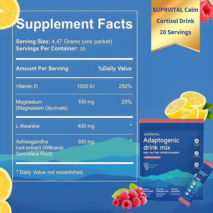 Powdered Drink Mix Calm, Adaptogenic Drink Mix Calm, Raspberry Lemonade, L Theanine,Ksm-66 Ashwagandha, Magnesium Glycinate, Vitamin D3, Relaxation & Focus, No Sugar, Non GMO