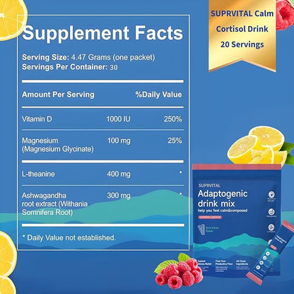 Powdered Drink Mix Calm, Adaptogenic Drink Mix Calm, Raspberry Lemonade, L Theanine,Ksm-66 Ashwagandha, Magnesium Glycinate, Vitamin D3, Relaxation & Focus, No Sugar, Non GMO