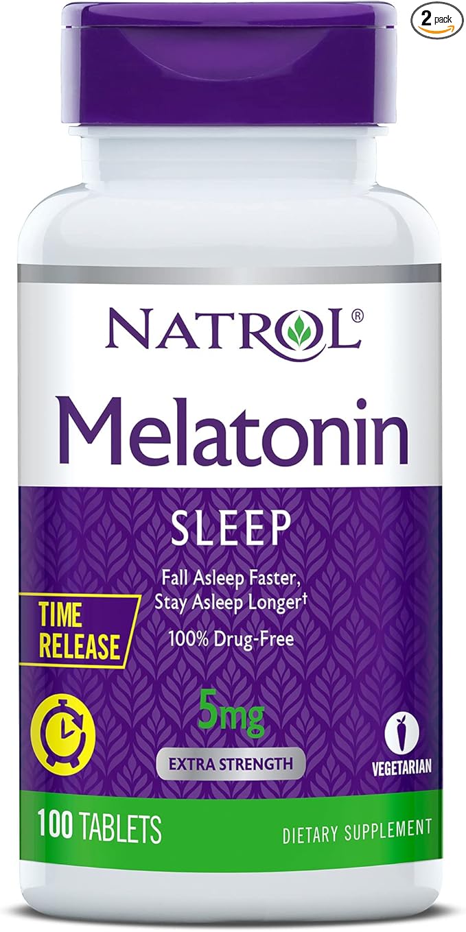 Natrol Melatonin 5 mg with Vitamin B-6 10 mg Time Release Sleep Aid Tablets, 100 Servings, Fall Asleep Faster & Stay Asleep Longer, Controlled Release, Drug Free Dietary Supplement, (Pack of 2)