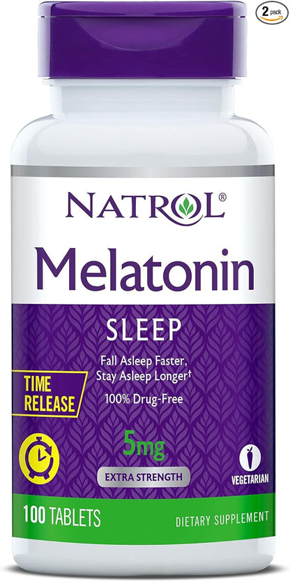 Natrol Melatonin 5 mg with Vitamin B-6 10 mg Time Release Sleep Aid Tablets, 100 Servings, Fall Asleep Faster & Stay Asleep Longer, Controlled Release, Drug Free Dietary Supplement, (Pack of 2)