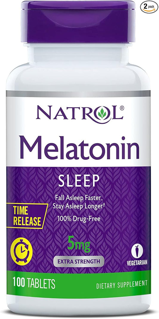 Natrol Melatonin 5 mg with Vitamin B-6 10 mg Time Release Sleep Aid Tablets, 100 Servings, Fall Asleep Faster & Stay Asleep Longer, Controlled Release, Drug Free Dietary Supplement, (Pack of 2)