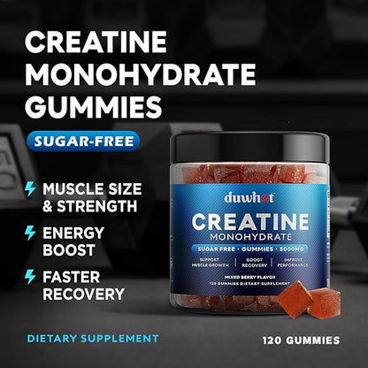 Creatine Monohydrate Gummies for Men, Creatine Monohydrate 5g Chewables for Muscle Growth & Recovery, Vegan, Sugar Free, Mixberry Flavor, 120 Count
