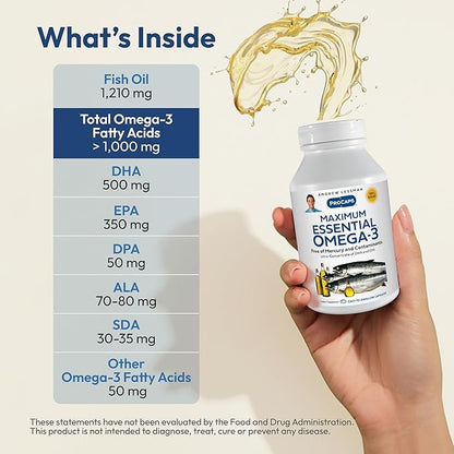 ANDREW LESSMAN Maximum Essential Omega-3 Unflavored, 180 Softgels - Ultra-Pure Omega-3 Fish Oil 1200 mg-High DHA, No Mercury Fish Oil Omega 3 Supplement-Small, Easy to Swallow Fish Oil Capsules