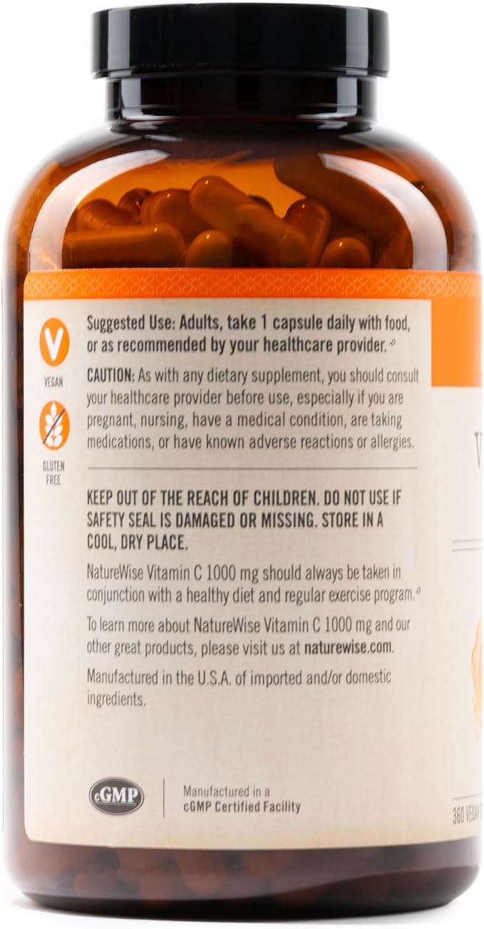 NatureWise Vitamin C 1000mg Capsules - Extra Strength Dietary Supplement for Daily Immune Support & Collagen Synthesis - Vegan, Non-GMO, Gluten Free - 360 Count[1-Year Supply]