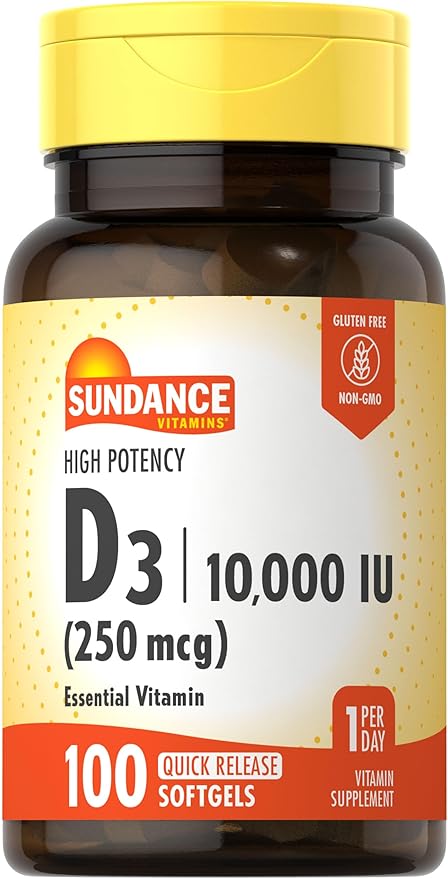 Sundance Vitamin D3 10,000 IU (250 mcg) | 100 Softgels | High Potency Formula | Non-GMO and Gluten Free Supplement