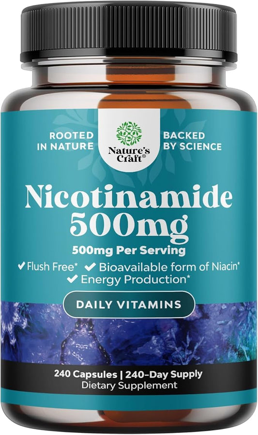 Vitamin B3 Niacinamide 500mg Capsules - Mitochondrial Energy and Potent Skin Supplement - AKA Vitamin B3 Niacin 500mg Flush Free and Nicotinamide 500mg - Flush Free Niacin Supplement - 240 Count
