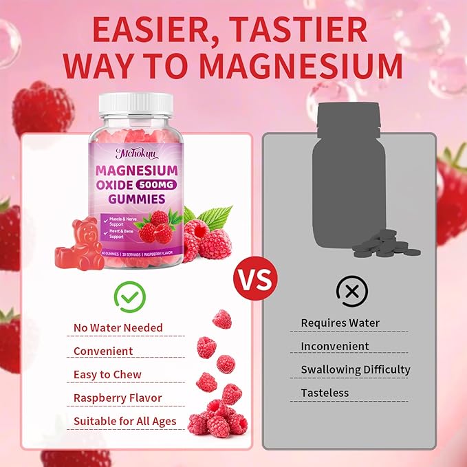 Magnesium Oxide Gummies 500mg, Sugar Free Chewable Magnesium Oxide Supplement for Adults & Kids, Nerve Support & Energy Boost, Non-GMO, Raspberry Flavor, 120 Count