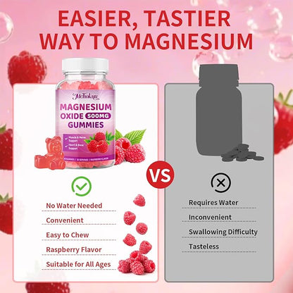 Magnesium Oxide Gummies 500mg, Sugar Free Chewable Magnesium Oxide Supplement for Adults & Kids, Nerve Support & Energy Boost, Non-GMO, Raspberry Flavor, 120 Count