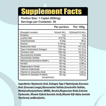 Hyaluronic Acid 60 Caplets 850 mg, Hyaluronic Acid 30 Caplets 850 mg 2 Pack,60 Day Supply