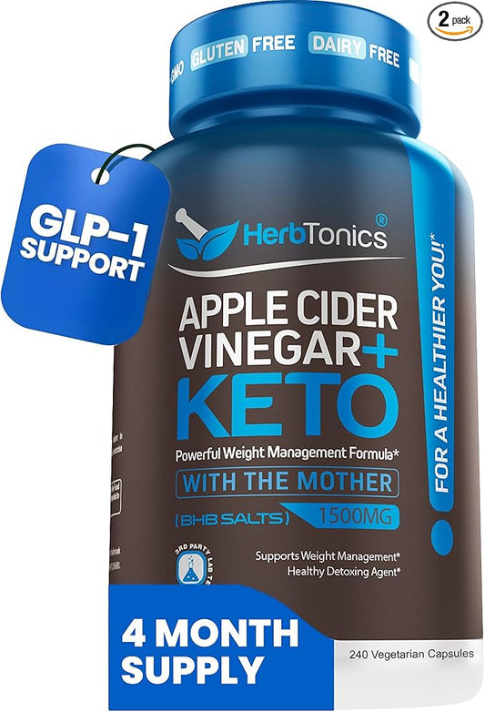 Herbtonics Apple Cider Vinegar with Keto BHB Salts - GLP-1 Support Supplement | Keto Diet Pills for Women & Men | Supports Appetite & Metabolic Function | 240 Keto ACV Capsules