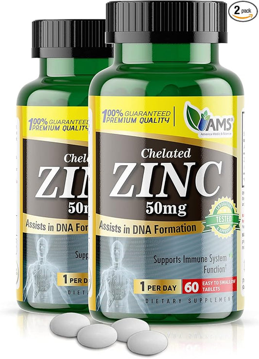America Medic & Science Chelated Zinc 50 mg Supplements (2 Pack of 60 Tablets) Immune Booster and Powerful Antioxidant Pills for Adults Men and Women | Highly Absorbable Mineral, Improves Mood & Sleep