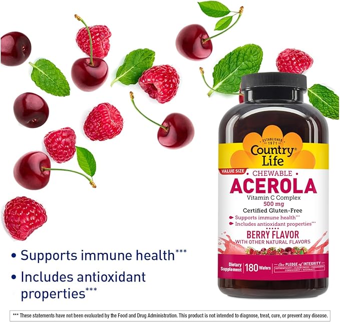 Country Life Acerola Vitamin C Complex, 500mg, Chewable Berry Flavored Wafers, Supports Immune Health, 180 Wafers, Certified Gluten Free by GFCO , Certified Vegan by AVA