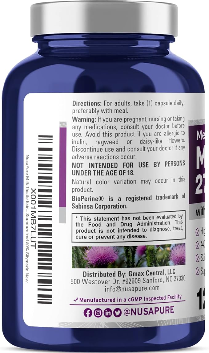 NusaPure Milk Thistle Extract 27,500mg 120 Veggie Capsules (50:1 Extract, Non-GMO, Vegan) Max Strength - Standardized 80% Silymarin, Bioperine