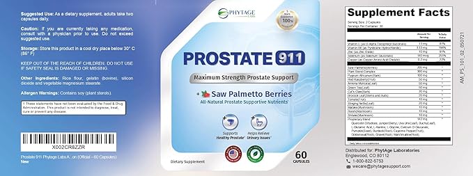 Prostate 911 Men’s Health Supplement - Saw Palmetto Support Prostate Function (60 Capsules)