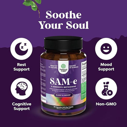 Sam-E 200mg Mood Support Supplement - S-Adenosyl Methionine Sam-E Supplement for Natural Relaxing Mood Boost Brain Support and Liver Detox Cleanse - Vegan Non-GMO and Gluten Free (120 Servings)