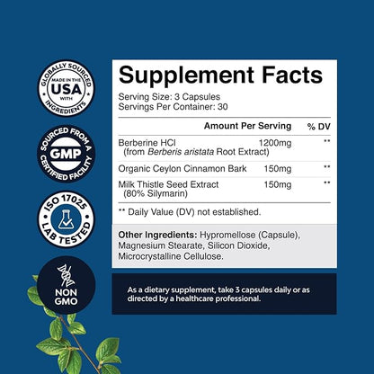 Balancing Berberine Plus 1200mg Per Serving Complex - Antioxidant Berberine with Ceylon Cinnamon Capsules Plus Silymarin Milk Thistle Extract - Active PK for Heart Health Support 90 Capsules
