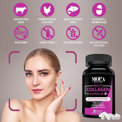 Multi Collagen Capsules with Vitamin C & Hyaluronic Acid - Types I, II, III, V & X - 60 Capsules