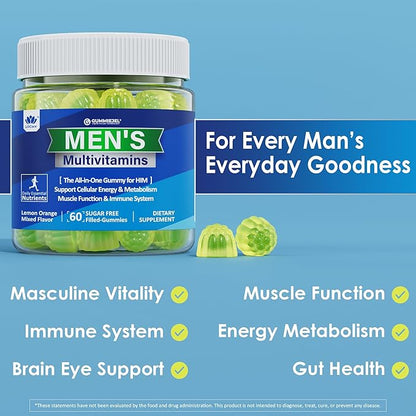 Mens Multivitamins Gummies, Multiminerals, Vegan Omega 3, CoQ10, Probiotics, Daily Mens Vitamins A C D3 E B6 B12, Methylated Multivitamin for Men - Energy, Immunity, Sugar Free, Vegan (No Iron) 60 Cts