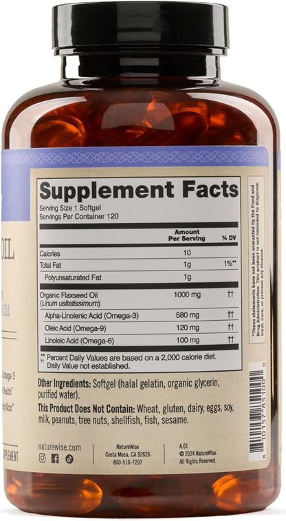 NatureWise Flaxseed Oil 1000 mg, Fish Free Omega 3 with 580 mg ALA, Dietary Supplement for Immune Health Support - Organic, Cold Pressed, Non-GMO - 120 Softgels[120-Day Supply]