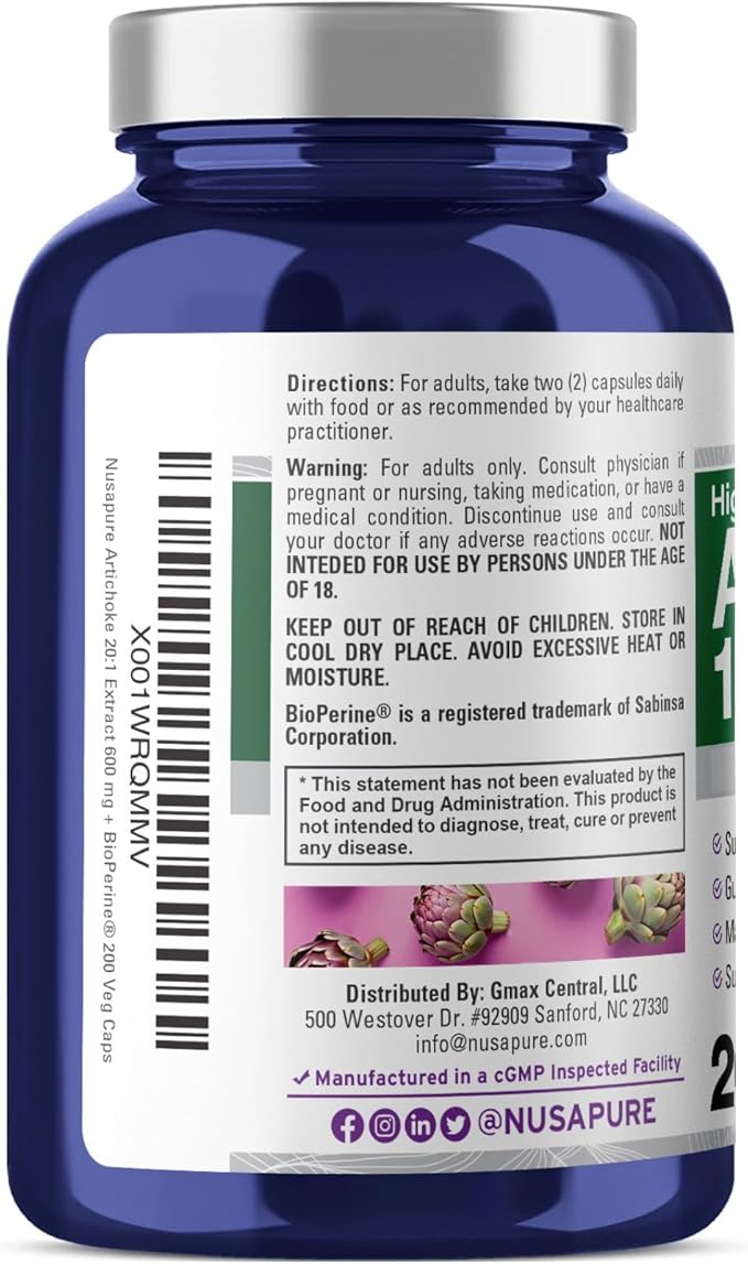NusaPure Artichoke 20:1 Extract, 600 mg Equivalent to 12,000mg 200 Veggie caps (Non-GMO, Gluten Free)