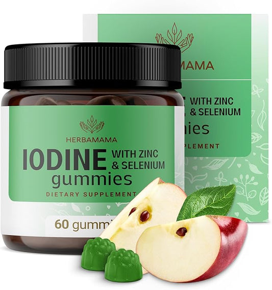 HERBAMAMA Iodine Gummies - Potassium Iodine, Zinc & Selenium for Immune Defense & Brain Support - Vegan, Non-GMO Immune Support Supplement - 60 Pectin-Based Apple-Flavored Chews