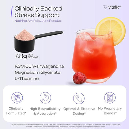 Vitalix Cortisol Cocktail–Premium Adaptogen Drink Mix - Cortisol Detox & Adrenal Support - Ashwagandha KSM 66 400mg, Magnesium Glycinate 200mg, L-Theanine 200mg - Raspberry Lemonade – 30 Servings