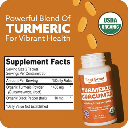Organic Turmeric Curcumin with Organic Black Pepper 1400 mg - 95% Standardized Curcuminoids & Black Pepper Extract for Better Absorption & Potency - Joint Support - 60 Count