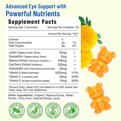 Eye Vitamins Lutein & Zeaxanthin Gummies, Sugar Free Eye Health Supplements with Bilberry, Astaxanthin - Support Blue Light, Visual Function and Macular Health - Mango Flavored, 120 Count