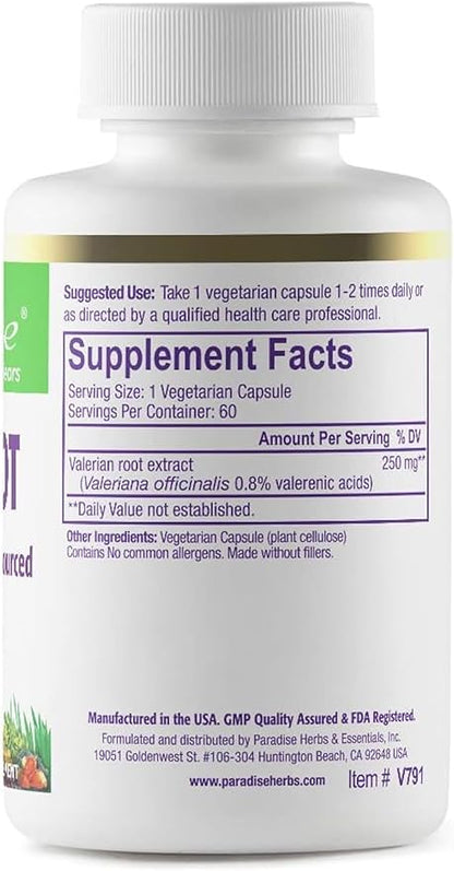 Paradise Herbs Valerian Root, European Sourced Active Whole Spectrum Extract, Vegan, Non-GMO, Gluten Free, 250 mg 60 Vegetarian Capsules
