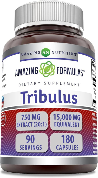 Amazing Formulas Tribulus 750 Mg Extract 20:1Supplement | 15000 Mg Equivalent | 180 Capsules | Non-GMO | Gluten-Free | Made in USA