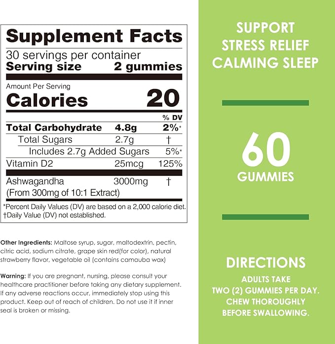 Nature's Key Ashwagandha Gummies, 3000mg High Potency Ashwagandha Root Extract with Vitamin D2, Stress, Calm Mood & Cognition, for Men & Women, Strawberry Flavor (60 Count (Pack of 1)