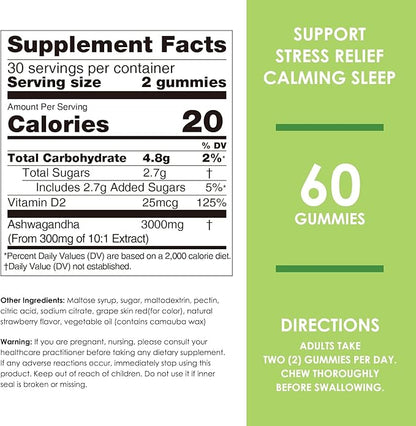 Nature's Key Ashwagandha Gummies, 3000mg High Potency Ashwagandha Root Extract with Vitamin D2, Stress, Calm Mood & Cognition, for Men & Women, Strawberry Flavor (60 Count (Pack of 1)