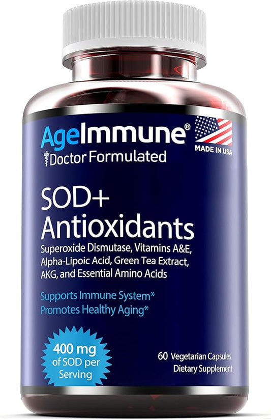 SOD Antioxidants Complex Healthy Aging Supplement - 400mg of Superoxide Dismutase - Alpha Lipoic Acid - L-Arginine -Lysine - AKG - Vitamin A - Vitamin E for Immune Support-60 Capsules