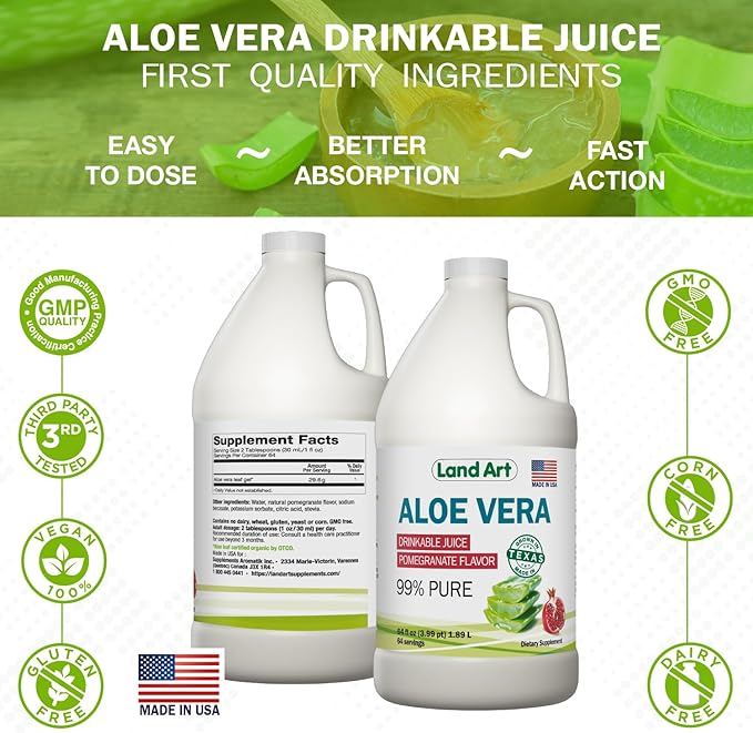Land Art Aloe Vera Juice - Pomegranate Flavored - Cold Processed - Inner Filet from Organic Fresh Leaves - 64floz + Liquid Chlorophyll Mint Flavored - Cold Extracted from Wild Non-GMO Alfalfa - 16floz
