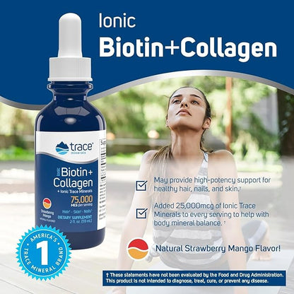 Trace Minerals Ionic Biotin Plus Collagen - High-Potency Supplement Supports Healthy Hair Growth & Skin - Biotin & Collagen Supplement Aids Healthy & Strong Joints - Strawberry Mango, 2 fl oz
