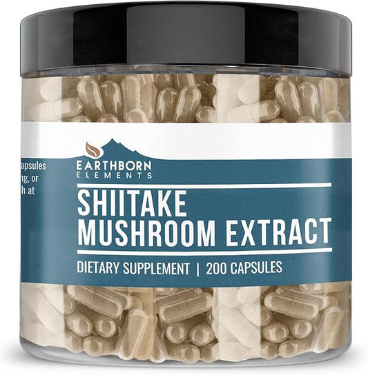 Earthborn Elements Shiitake Mushroom Extract 200 Capsules, Pure & Undiluted, No Additives