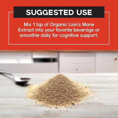 Organic Lion's Mane Mushroom Extract Powder - Focus & Memory Support - 2.12oz Nootropic Superfood for Tea, Coffee & Smoothies - Pure Lion Mane Extract