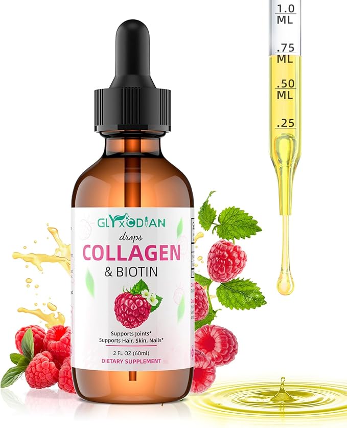Collagen Biotin Drops - 50000mcg Liquid Collagen Supplement for Hair Growth, High Antioxidant Support Radiant Skin, Strong Nails for Women & Men, Non-GMO, Gluten Free, 2 fl Oz, Raspberry Flavor