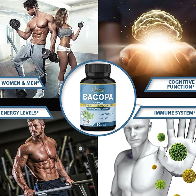 Organic Cadane Bacopa Monnieri Supplement - Blended with Ashwgandha, Ginseng, Saw Palmetto, Shilajit - 90 Capsules for 3 Month Supply